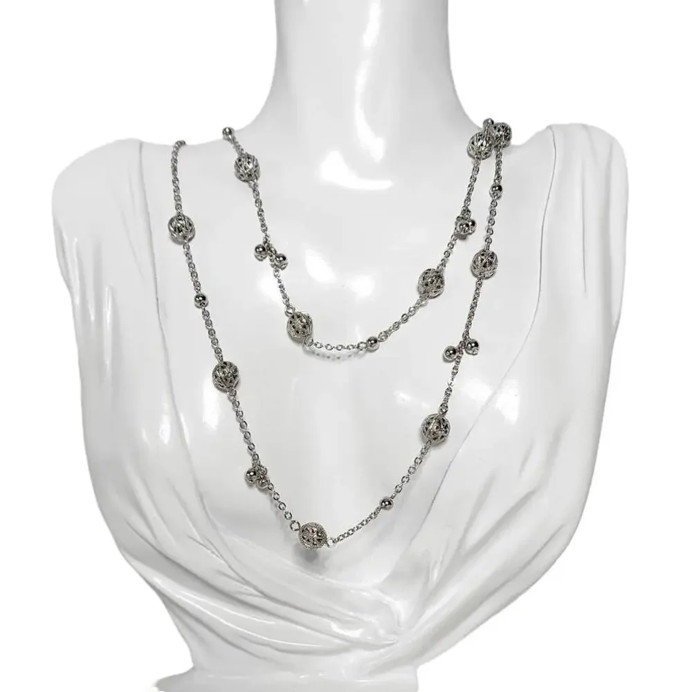 Cookie Lee Signed Art Deco Silver Filigree Station Flapper Necklace